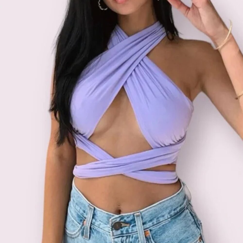 Purple Wrap Cross Halter Top